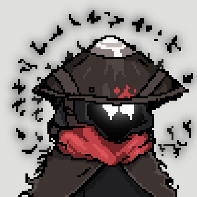 The pixel art image depicts a dark, ominous character wearing a wide-brimmed hat with glowing red eyes and a red scarf, surrounded by flying bats against a white background. The illustration serves as the profile picture for the NFT artist "Cultxyzz" being thanked in the post for a 1/1 (one-of-one) NFT.