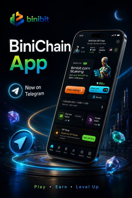 A promotional graphic for "BiniChain App" by binibit, now available on Telegram, featuring a smartphone displaying the app interface with "Play • Earn • Level Up" tagline.