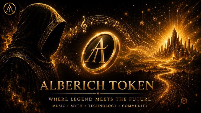 A hooded figure in golden light stands beside a glowing "AT" emblem and the text "ALBERICH TOKEN — Where Legend Meets the Future • Music • Myth • Technology • Community," visually echoing the post's description of $ALBRH as a "Musical Meme Coin" inspired by Wagner's mythological saga. The fantastical cityscape and musical notes swirling through the scene reinforce the blend of myth, music, and technology highlighted in the caption.