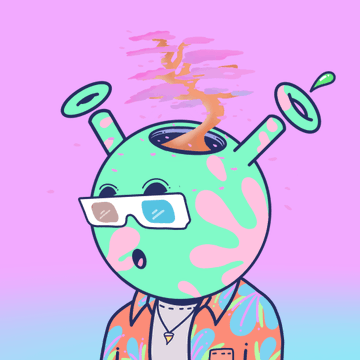 A vibrant NFT illustration of a mint-green alien-like character with antennae, 3D glasses, and a colorful pastel shirt, featuring a swirling orange element rising from its head — matching the Quirkie #281 collectible that sold for 1.02 ETH ($1,604) on OpenSea.