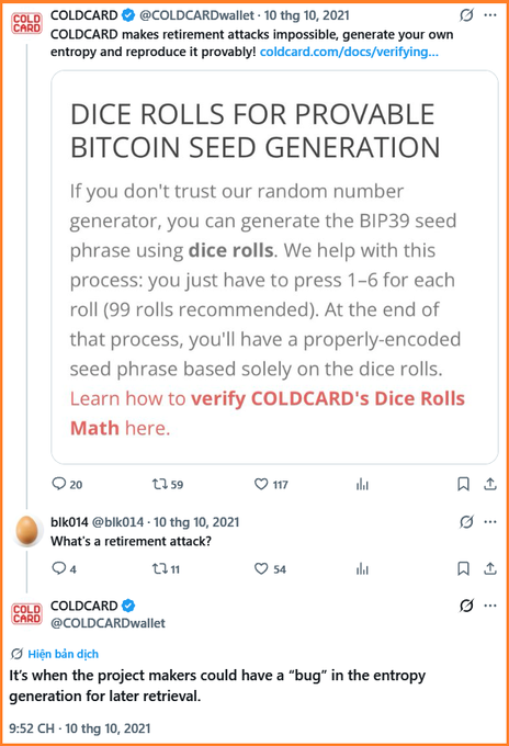 A Twitter/X thread screenshot from @COLDCARDwallet about 'DICE ROLLS FOR PROVABLE BITCOIN SEED GENERATION', explaining how to generate BIP39 seed phrases using dice rolls and replying to a question about 'retirement attacks'.