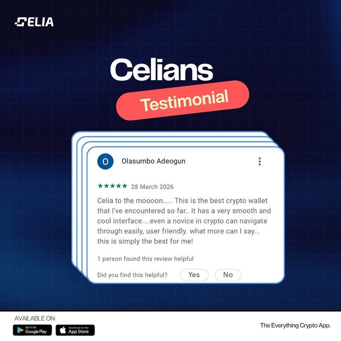 The image showcases a Google Play testimonial from Celian Olasumbo Adeogun, dated 28 March 2026, who praises the Celia crypto wallet for its smooth and user-friendly interface, noting even crypto novices can navigate it easily. The graphic, branded with the Celia logo and "Celia to the mooooon" tagline, reinforces the post's message of accessible crypto for beginners by featuring a real 5-star review alongside Google Play and App Store download badges.