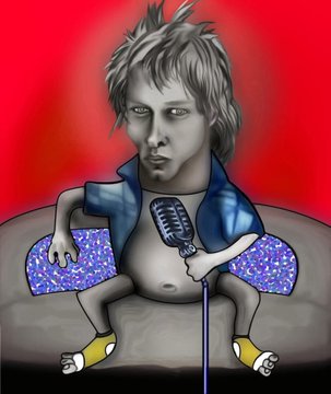 The image features a cartoon depiction of a person sitting on a couch, holding a microphone. The person has a blue jacket on and yellow socks. The background of the image is red with white splotches, giving it an artistic touch. The caption below the image reads "Hand drawn couch potatos. 1/1's O.1 @moocreations @rarible og.rarible.com/token/0xf679d".