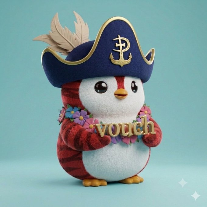 3D rendered mascot character: a penguin-like bird wearing a blue pirate hat with an anchor logo, a floral lei, and holding a gold sign reading 'vouch'.