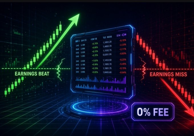 A futuristic trading interface displaying a green upward chart labeled "EARNINGS BEAT" with stock data and a central holographic screen, contrasted by a red downward chart labeled "EARNINGS MISS," featuring a "0% FEE" badge.