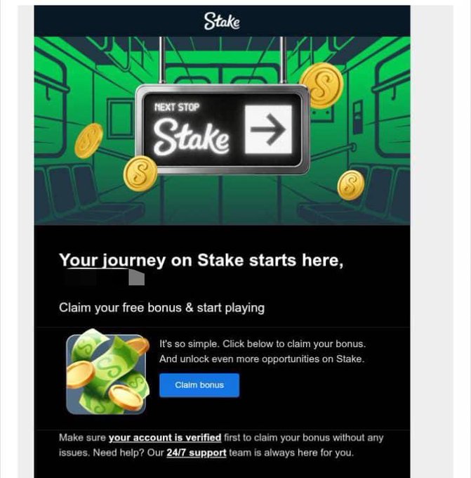 A promotional email from Stake featuring a green subway-themed graphic with "Next Stop: Stake" signage and floating gold coins, inviting users to claim a free bonus. The post advises checking Stake email accounts for a random $1–$10 bonus, recommending recipients claim and withdraw while ignoring if not received.
