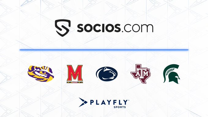 A promotional graphic for Socios.com featuring the company's logo at the top, followed by logos of five partner universities (LSU, Maryland, Penn State, Texas A&M, and Michigan State) and the Playfly Sports logo below, announcing their expansion into US college sports with Fan Tokens.