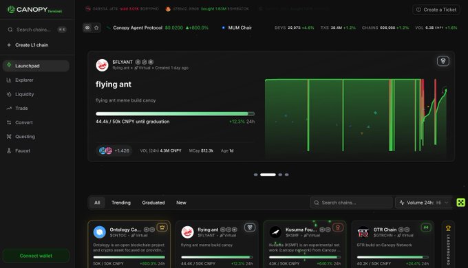 A screenshot of the Canopy launchpad platform showing a project called 'flying ant' ($FLYANT) with a 44.4K / 50K CNPY graduation progress bar, alongside other listed chains.