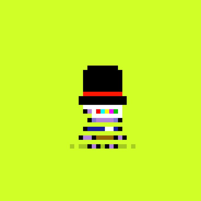 A pixel art illustration of a stylized character wearing a black top hat with a red band, featuring colorful horizontal stripes for a body, set against a solid bright green background.