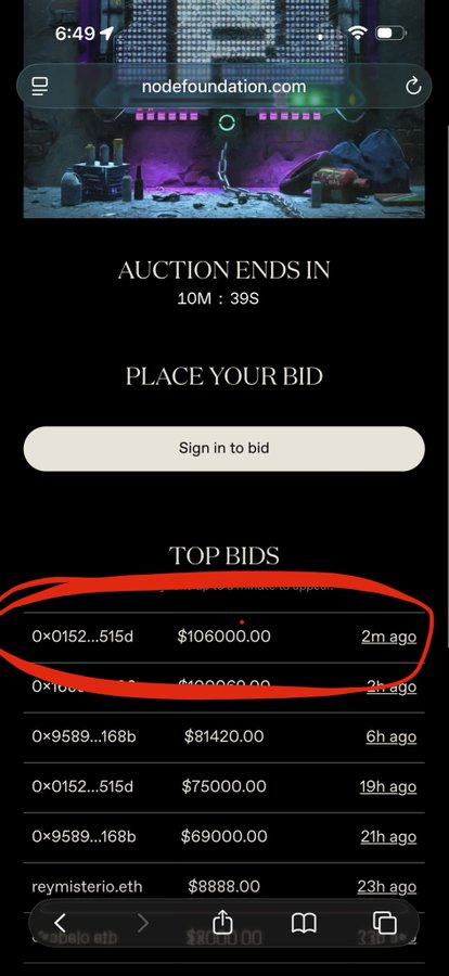 A mobile screenshot of a nodefoundation.com NFT auction page showing the current top bid of $106,000.00 (0x0152...515d, placed 2 minutes ago) on a Cryptopunk auction ending in 10 minutes and 39 seconds, with a "Sign in to bid" button visible. The image relates to the post by illustrating the high value ($106k) being bid on an iconic CryptoPunk, supporting the commenter's point that this particular punk—being only 2 floors, iconic, and cheaper than a hoodie—represents a compelling buy relative to typical punk-adjacent alternatives.
