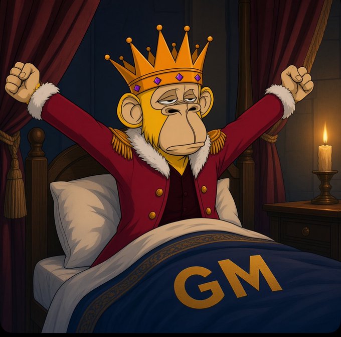 A cartoon monkey wearing a gold crown and royal red robe stretches in bed under a blanket emblazoned with "GM," yawning after his sleep as a candle burns by the nightstand—visually playing on the "GM CT" caption ("good morning, crypto Twitter") to urge others to be visible and greet the day.
