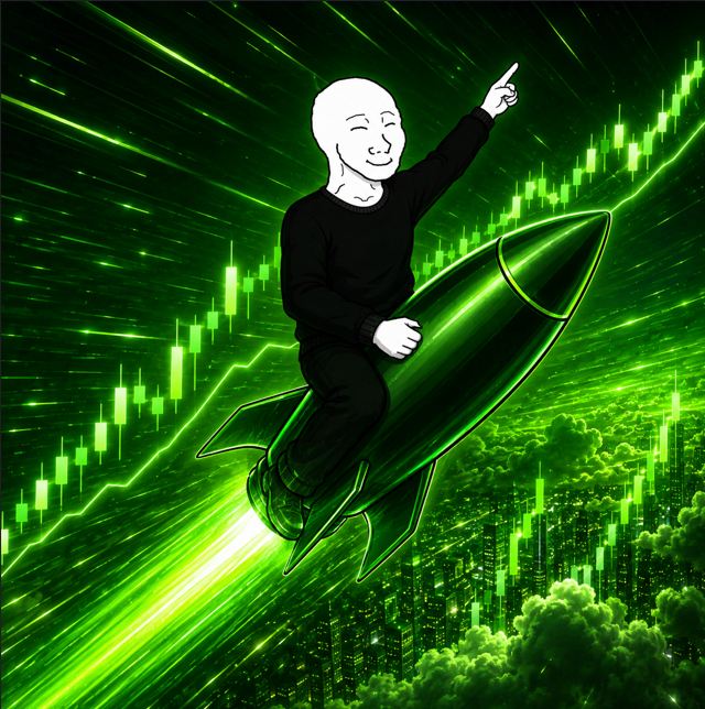 A meme-style illustration showing a stylized bald figure in a black shirt riding a green rocket upward, pointing triumphantly into the sky, set against a backdrop of green stock/crypto candlestick charts and a glowing city skyline.
