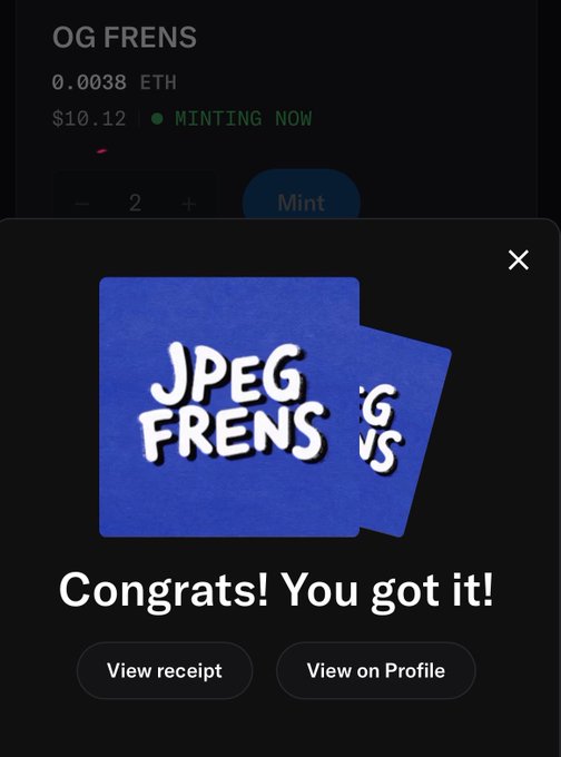 A screenshot of a digital collectible minting confirmation showing 'OG FRENS' priced at '0.0038 ETH' ($10.12) with 'MINTING NOW' status and a popup displaying 'JPEG FRENS' artwork with the message 'Congrats! You got it!'