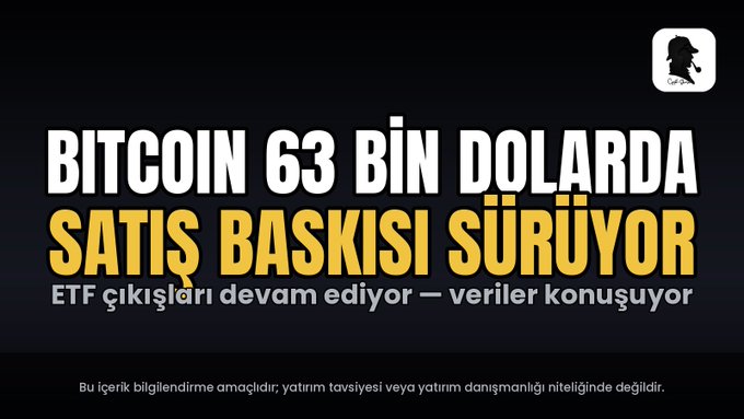 A graphic with Turkish text reading "BITCOIN 63 BİN DOLARDA SATIŞ BASKISI SÜRÜYOR" (Bitcoin selling pressure continues at $63,000) and "ETF çıkışları devam ediyor — veriler konuşuyor" (ETF outflows continue — the data speaks), with a disclaimer below.