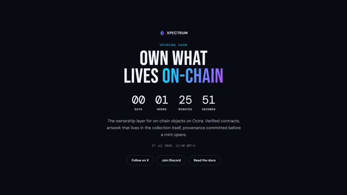 A countdown landing page for XPECTRUM displays "OPENING SOON" and "OWN WHAT LIVES ON-CHAIN" with a timer showing 00 days, 01 hour, 25 minutes, 51 seconds remaining until the platform's launch on 27 Jul 2025 at 12:40 GMT+1, reinforcing the post's message that the mint portal at app.xpectrum.xyz will go live in just a few hours.