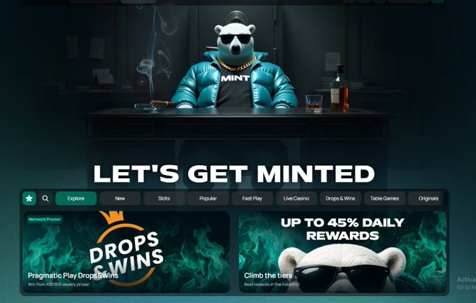 An advertisement for an online gaming or casino platform called "MINT", featuring a 3D bear wearing sunglasses and a teal puffer jacket with "MINT" written on it. The text reads "LET'S GET MINTED" above promotional banners offering "DROPS & WINS" and "UP TO 45% DAILY REWARDS".