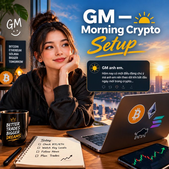 A promotional graphic for 'GM — Morning Crypto Setup' features a young woman smiling at a laptop with Bitcoin and Ethereum stickers, alongside a to-do list ('Check BTC/ETH, Watch Key Levels, Follow News, Plan Trades') and a Vietnamese caption.