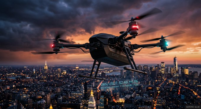 A black drone with glowing red and teal lights flies over a city skyline at sunset, with text showing 'DRN/USDT: $.248 +4.1%'.