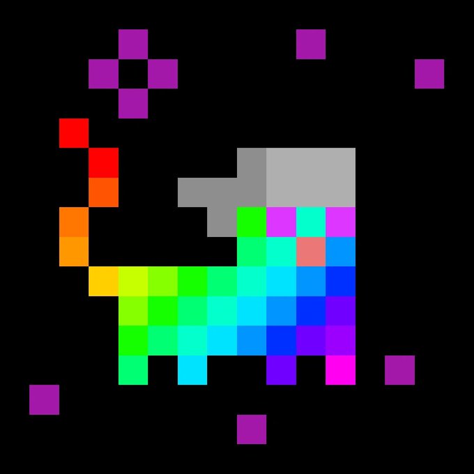 A pixel art image of a rainbow-colored llama or alpaca on a black background with purple decorative squares.