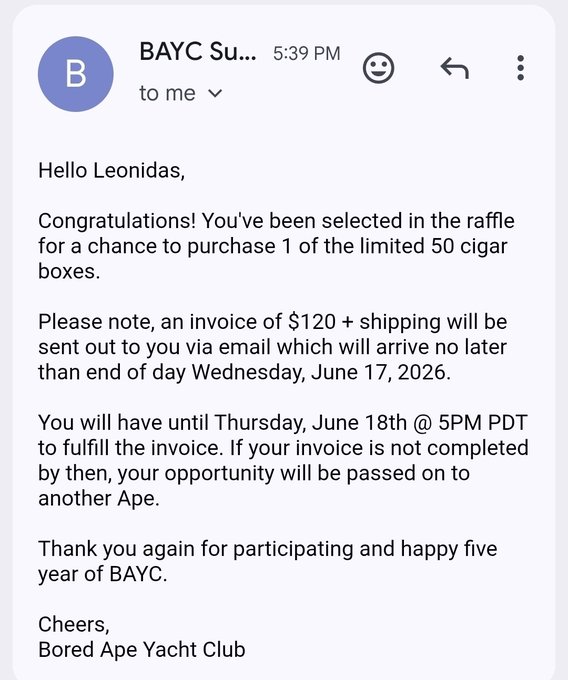 The image shows a message from someone named "Hello Leonidas", which appears to be a congratulatory email or note, possibly related to a raffle event for a limited 50 cigar boxes. The text of the email reads: "Congratulations You've been selected in the raffle for an opportunity to purchase 1 of the limited 50 cigar boxes. Please note that this is an invitation and you will have until Thursday, June 18th at 5pm (PST) to fulfill the purchase. If your invitation is not completed by then, it will be considered incomplete." The email also includes a link to a website for the "Bays" club, which might provide further information about the raffle or event.