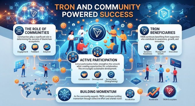 An infographic titled "TRON AND COMMUNITY POWERED SUCCESS" illustrates how community involvement drives blockchain growth, featuring sections on "The Role of Communities" (Engagement, Feedback, Adoption), "Active Participation" (Collaboration, Development, Secure Node), "Building Momentum" (Acceleration), and "TRON Beneficiaries" (Speakers Awareness, Rising Chart Growth, Innovation), with central imagery of people connecting around the TRON logo and a global network theme.