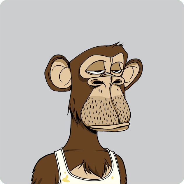 A cartoon NFT-style illustration of a bored-looking brown monkey (Bored Ape) with half-closed eyes wearing a dirty white tank top against a light blue background.