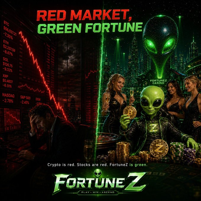 A split-screen promotional image for FortuneZ Casino contrasts a distressed man surrounded by crashing red charts showing losses for BTC (-7.35%), ETH (-8.67%), SOL (-9.32%), XRP (-6.91%), NASDAQ (-2.78%), and S&P 500 (-2.45%) with a vibrant green scene of an alien, glamorous women, and stacked Bitcoin and FortuneZ tokens beneath the headline "RED MARKET, GREEN FORTUNE" and tagline "Crypto is red. Stocks are red. FortuneZ is green." The visual perfectly mirrors the post's message of positioning the online crypto casino as a bullish escape from bearish market conditions.