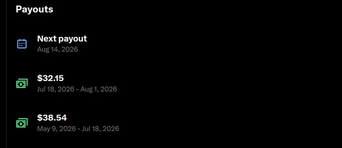 A 'Payouts' screen showing the next payout scheduled for Aug 14, 2026, with previous payouts of $32.15 (Jul 18 - Aug 1, 2026) and $38.54 (May 9 - Jul 18, 2026).