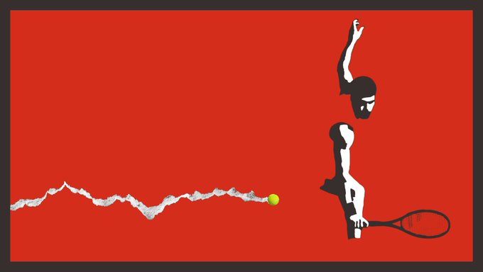 A minimalist graphic design on a red background featuring a black and white figure of a tennis player serving a ball, which follows a jagged white trail.