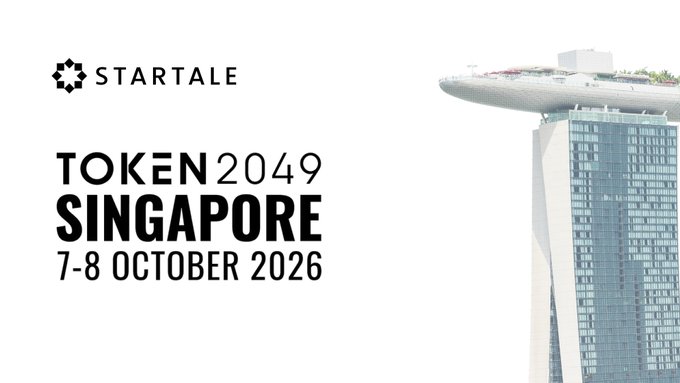 A promotional banner for STARTALE's TOKEN2049 SINGAPORE conference taking place on 7-8 October 2026, featuring an image of the Marina Bay Sands hotel.
