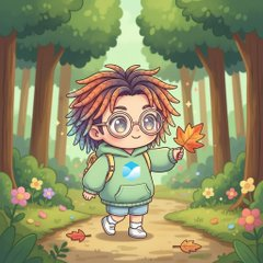 A chibi-style animated character with orange and blue hair, wearing round glasses and a green hoodie, walking on a forest path holding an autumn leaf.