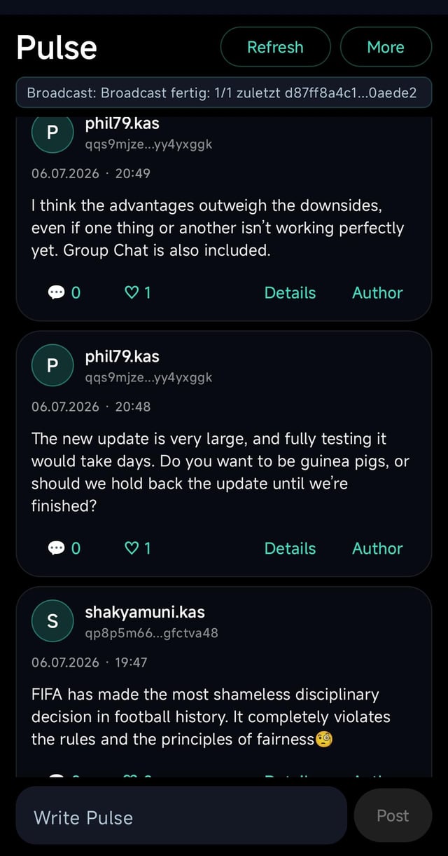 The image shows the "Pulse" feature within the kbeam app, displaying user posts from accounts like "phil79.kas" and "shakyamuni.kas," including one about a large update being tested and another criticizing a FIFA disciplinary decision. This illustrates the social feed functionality mentioned in the post, contrasting with KaChat's broadcast channel focus.