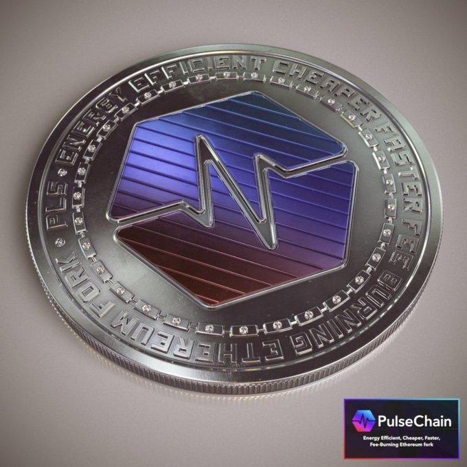 A physical-looking coin with a hexagonal blue-purple gradient center featuring an "N" logo, surrounded by text reading "PLS ENERGY EFFICIENT CHEAPER FASTER ETHEREUM FORK" and a "PulseChain - Energy Efficient, Cheaper, Faster, Fee-burning Ethereum fork" logo overlay.