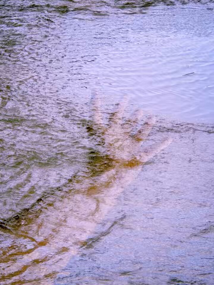 The image features a hand with its palm facing upwards, partially submerged in water. The background of the photo shows a river or lake, which appears to be brownish-purple in color. The caption "gn “i take it all back as it chooses to come back" implies that the person's reflection is being captured in the water, creating an interesting and thought-provoking visual effect.