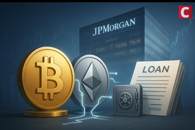 A graphic showing Bitcoin and Ethereum coins next to a safe, loan documents, and the JPMorgan building, suggesting crypto-backed loans.