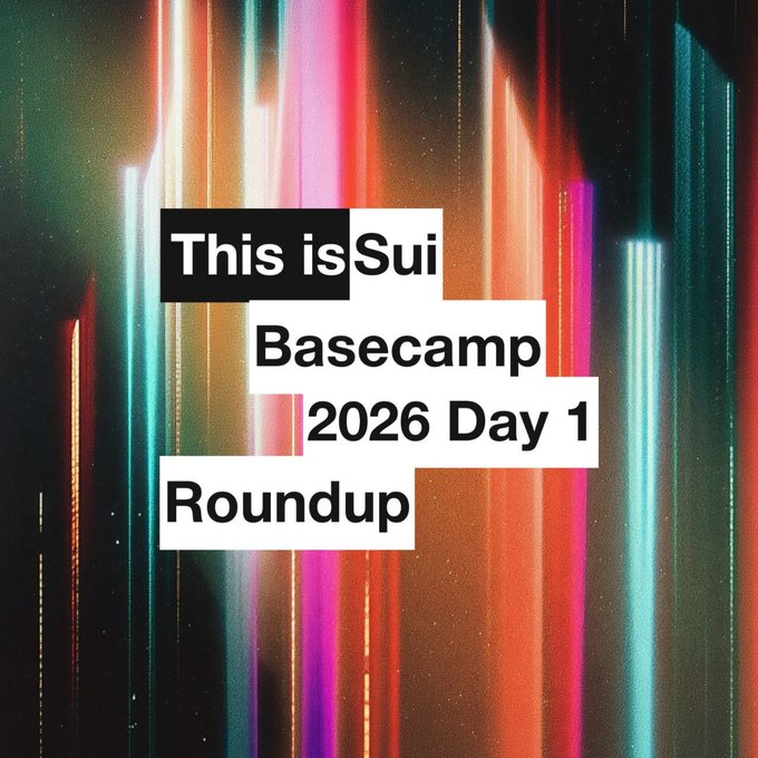 Text reading 'This is Sui Basecamp 2026 Day 1 Roundup' displayed over a colorful abstract background with vertical neon light streaks in red, green, and blue.
