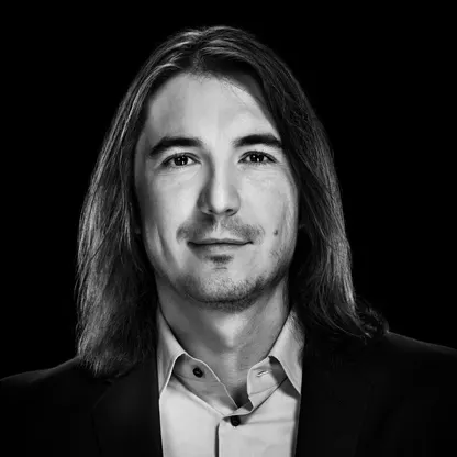 A black-and-white portrait of Robinhood CEO Vlad Tenev, the man quoted in the accompanying post discussing tokenization and the launch of Robinhood Chain as part of a "global tokenization supercycle."