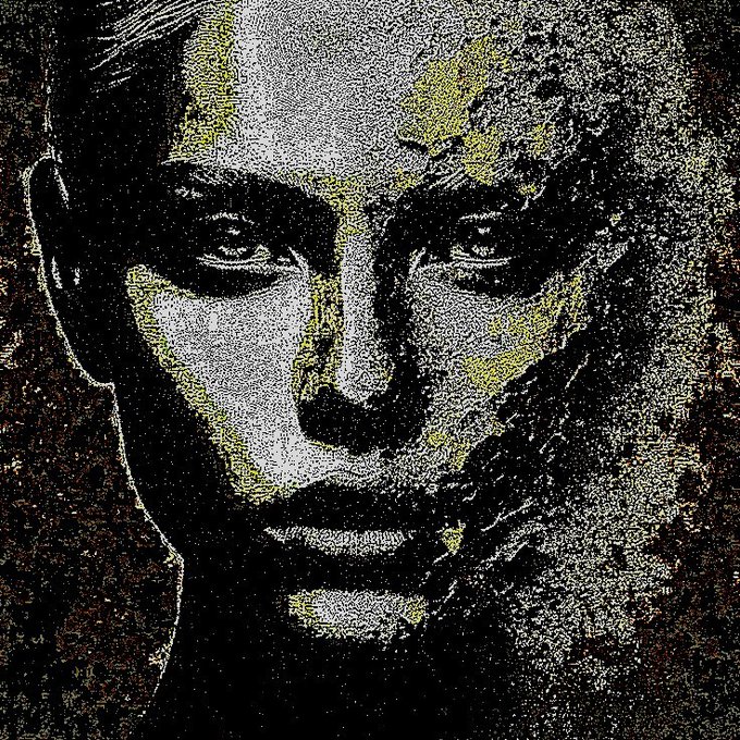 A grainy, high-contrast stippled portrait of a man's face emerges from the textured noise, evoking a haunting, almost ghostly quality that mirrors the post's mysterious tone and the cryptic "You never know!" message accompanying the Instagram and Zora handles for @milevbtc.