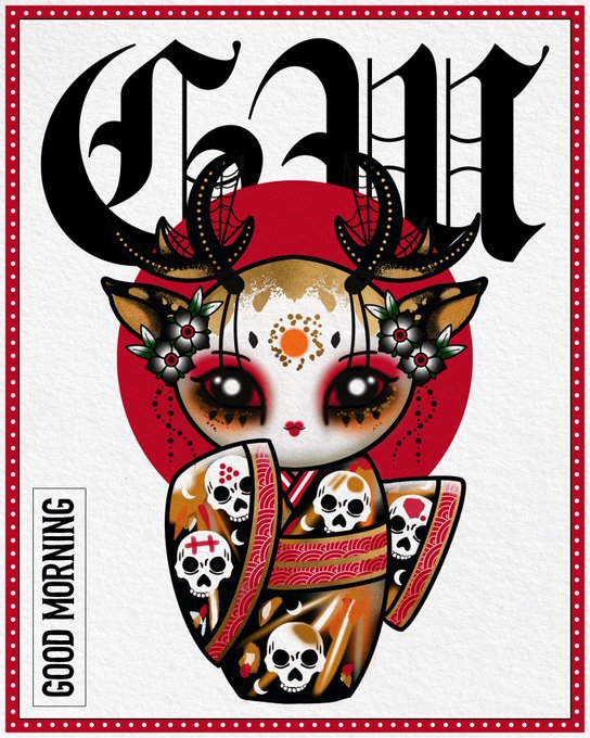 A stylized illustration features a doll-like figure with antlers and a kimono patterned with skulls, set against a red circle, with the text 'GANT' at the top and 'GOOD MORNING' in a side label.