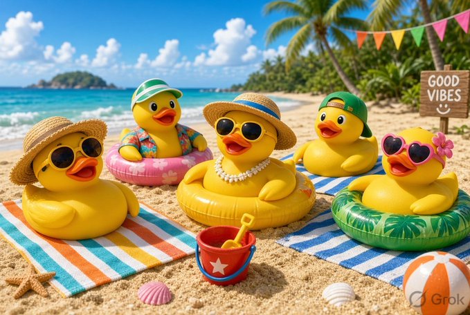 Five cheerful rubber ducks in hats and sunglasses relax on beach towels and inner tubes, with a "GOOD VIBES" sign in the background (Grok watermark).