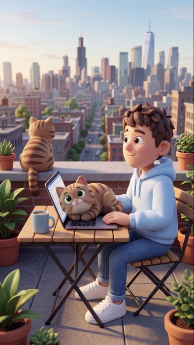 A young man sits on a rooftop with his laptop and two cats, enjoying a serene view of the city skyline as he works. The image evokes a cozy, creative vibe fitting the NFT mint schedule post, with its relaxed urban setting possibly inspiring the "FeralHood" or "Filtered Gang" NFT projects mentioned.