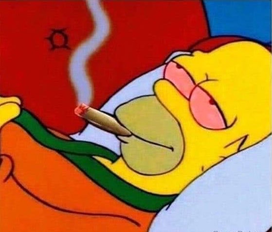 Scene from The Simpsons showing Homer and Ned Flanders lounging while smoking a joint together.