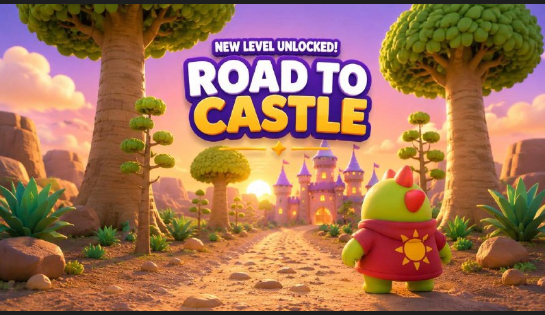 A video game promotional graphic titled 'NEW LEVEL UNLOCKED! ROAD TO CASTLE' showing a green creature in a red shirt facing a castle path at sunset.
