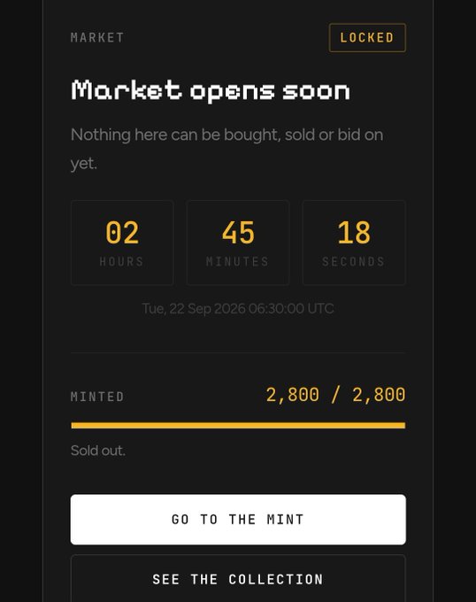 The image displays a locked marketplace countdown showing "Market opens soon" with a timer at 02 hours, 45 minutes, 18 seconds until Tue, 22 Sep 2026 06:30:00 UTC, with 2,800/2,800 minted and "Sold out" status noted, supporting the post's anticipation of the upcoming market opening to reveal whether these NFTs are genuine or fake.