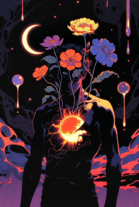 A dark, surreal illustration depicts a shadowy figure with a glowing, cracked heart-like orb in its chest from which vibrant flowers of yellow, blue, pink, and orange bloom upward, set against a cosmic backdrop featuring a crescent moon and dripping orbs. The mystical imagery of growth emerging from darkness symbolizes the Web3 projects mentioned, where trust and reputation flourish from foundational infrastructure.