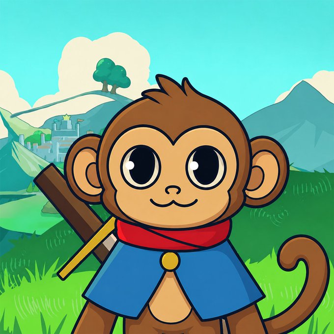 A cartoon illustration of a cute monkey wearing a red scarf and blue cape, holding a wooden staff, standing in a grassy field with mountains and a castle in the background.