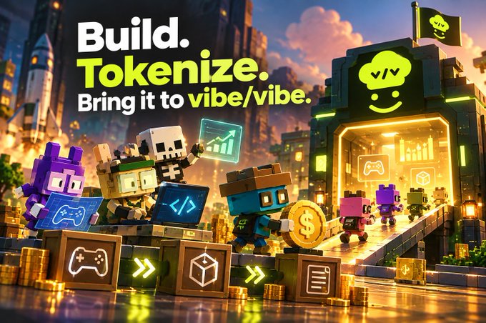A vibrant promotional graphic for 'vibe/vibe' with the text 'Build. Tokenize. Bring it to vibe/vibe.' featuring blocky characters in a colorful cityscape.