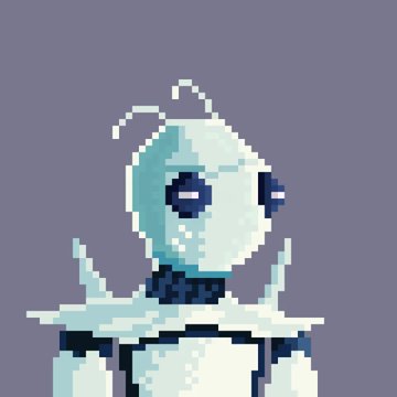 A pixel-art robot with a light blue head, dark blue eyes, and white antennae stands against a purple background, representing a 'handcrafted 1/1 pixel adventurer' from the 'PeekcellOdyssey' collection.