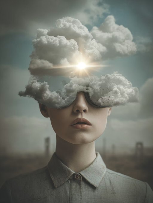 A surreal portrait of a woman whose eyes are obscured by fluffy clouds with a bright sun shining between them, set against a muted, cloudy sky.
