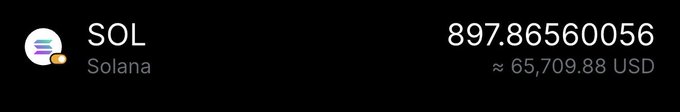 A cryptocurrency display shows the SOL (Solana) token price at 897.86560056, approximately equal to 65,709.88 USD.